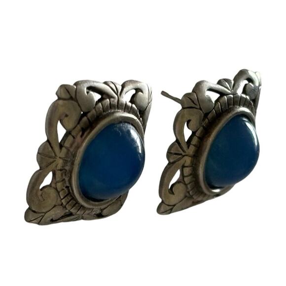 Jezlaine Square Blue Chalcedony Sterling Silver Post Stud Earrings Vintage - Picture 4 of 8